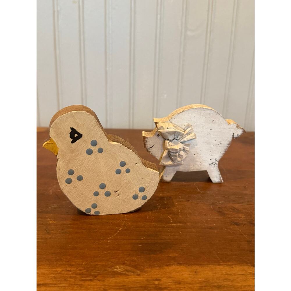 1980s Hand Painted Wood Pig and Chick Shelf Sitters